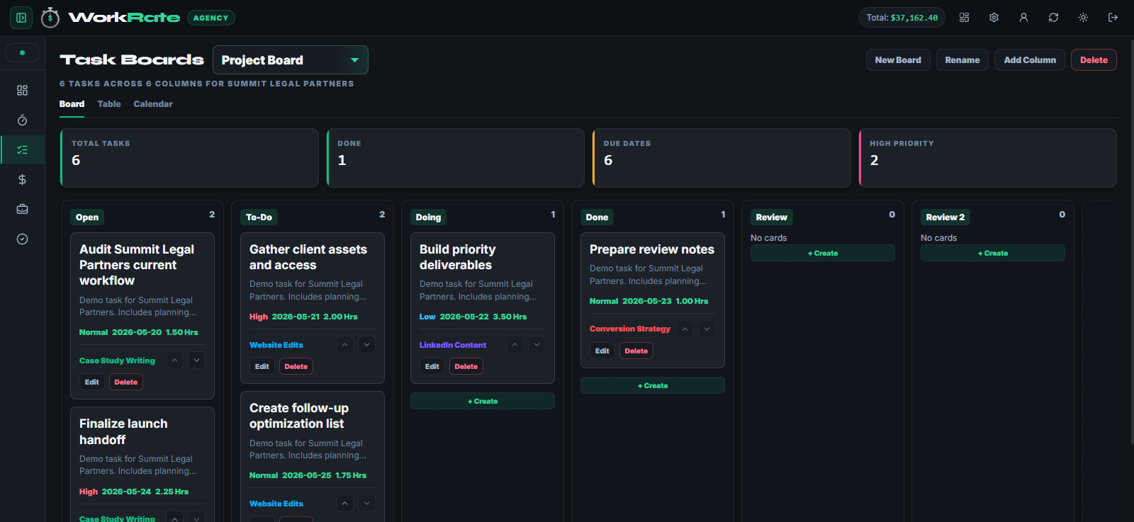 WorkRate task board with client columns, cards, priority labels, service types, and board controls.